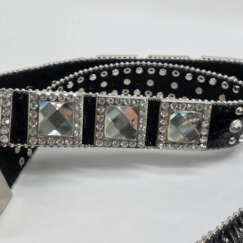 Black Leather Belt Rhinestone Crystal Western Bling Studded Large Y2K Rodeo Glam